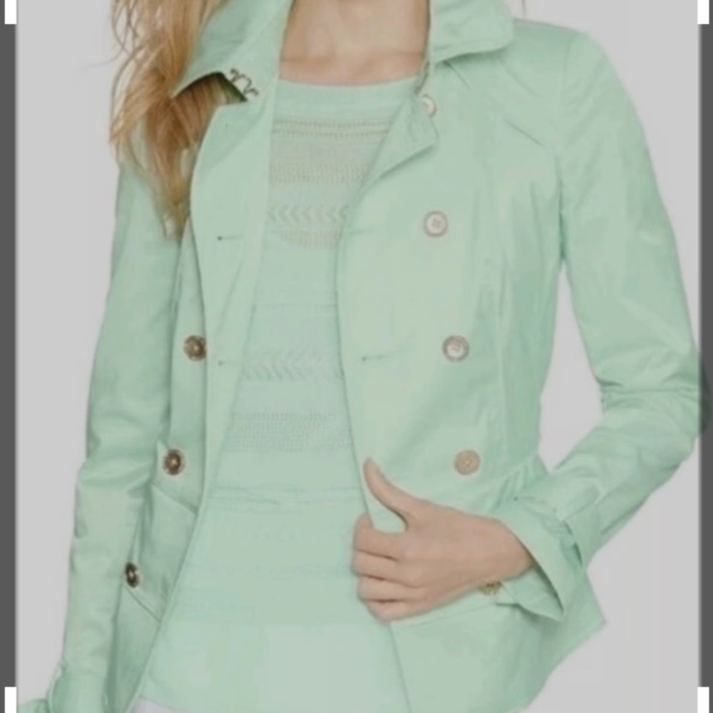 White House black market long sleeve double breasted ruffle, mint jacket. - Picture 2 of 16
